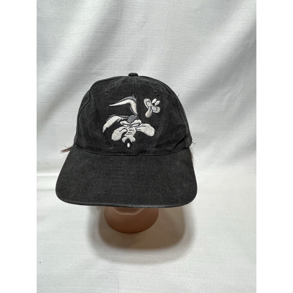 VTG Six Flags Wile E Coyote Hat Cap Snap Back Black Adjustable RARE
